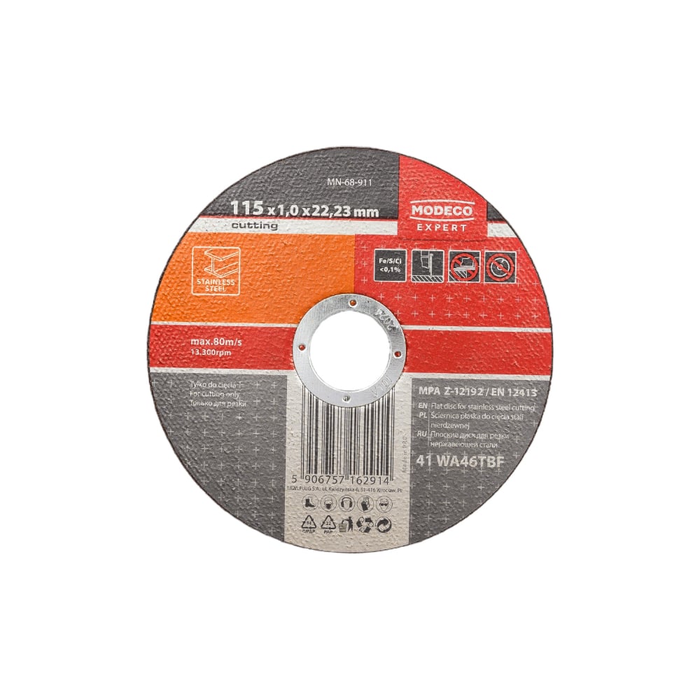 Изображение товара Диск для резки нержавеющей стали 115x1.0 мм MODECO MN-68-911