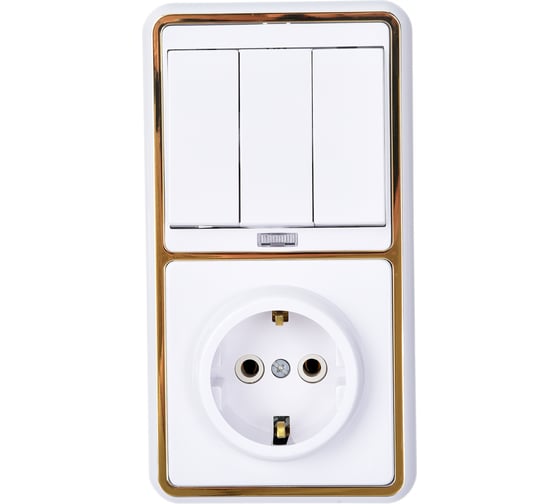 Изображение товара Комбинированный блок скрытой установки Кунцево-Электро БЭЛЛА: 3-клавишный выключатель с подсветкой+розетка с заземляющим контактом БКВР-054 З 5846