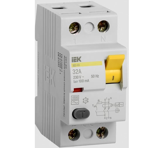 Изображение товара Выключатель дифференциального тока IEK 2п 32A 100mA тип AC ВД1-63 ИЭК MDV10-2-032-100