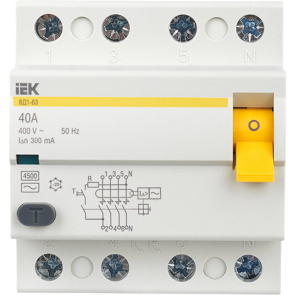 Изображение товара Выключатель дифференциального тока IEK 4п 40A 300мА ВД1-63 Модульный для защиты Электросети Изображение товара Выключатель дифференциального тока IEK 4п 40A 300мА ВД1-63 Модульный для защиты Электросети