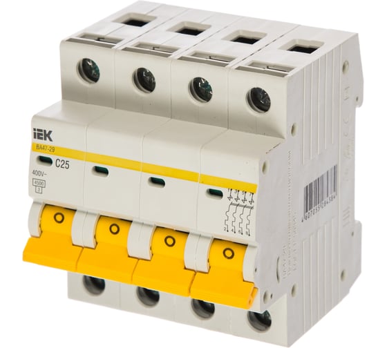 Изображение товара Автоматический модульный выключатель IEK 4п C 25А ВА 47-29 4.5кА ИЭК MVA20-4-025-C