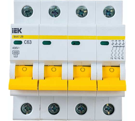 Изображение товара Автоматический модульный выключатель IEK 4п C 63А ВА 47-29 4.5кА ИЭК MVA20-4-063-C