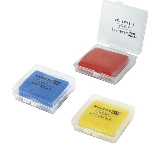 Изображение товара Ластик-клячка в футляре BRAUBERG 3 шт., ассорти, art classic, 40x36x10 мм 880767