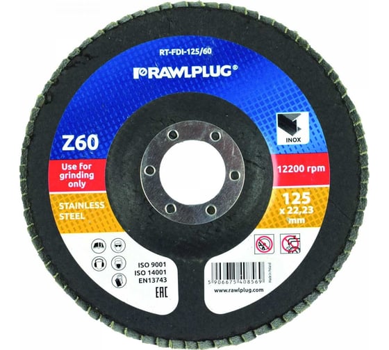 Изображение товара Круг лепестковый шлифовальный по нержавеющей стали 125x22.2 мм, Z60, цирконий RAWLPLUG RT-FDI-125/60