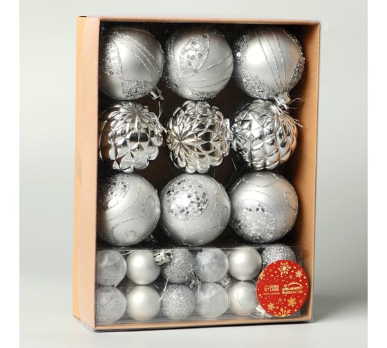 Изображение товара Набор шаров Зимнее волшебство пластик диаметр 2,5 и 5,5 см, 33 шт Хоровод серебро 9510162