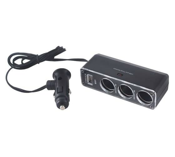 Изображение товара Разветвитель прикуривателя 3 гнезда + USB SKYWAY черный предохранитель 5А, USB 2000mA S02301024