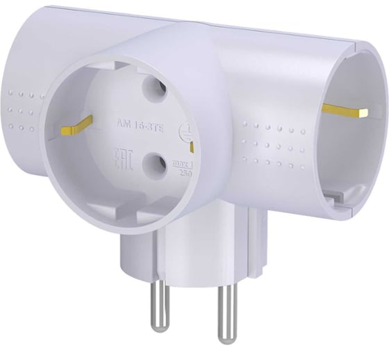 Изображение товара Разветвитель тройник Т-образный ФОТОН с заземлением, 16А, белый, 22846