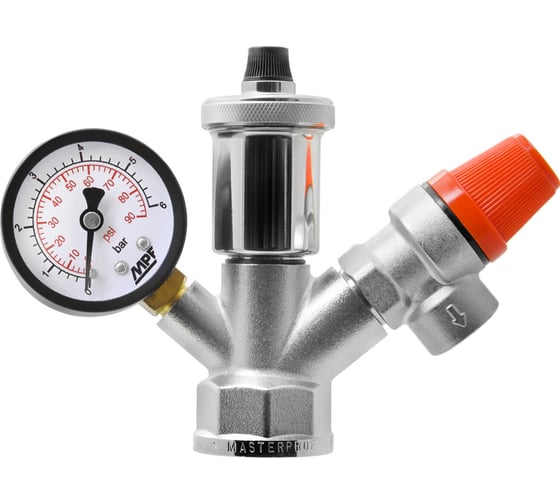 Изображение товара Группа безопасности MasterProf автоматический воздухоотводчик, манометр, предохранительный клапан 1" ИС.030229