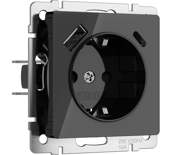 Изображение товара Розетка WERKEL с заземлением, шторками и usb тип a+c (черный акрил) w1171748 a064044
