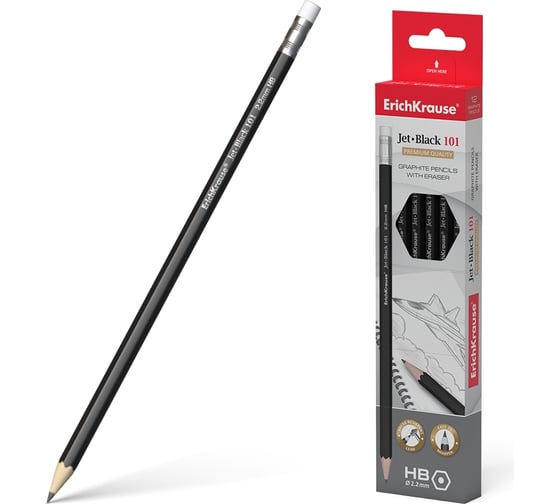 Изображение товара Чернографитный карандаш ErichKrause Jet Black, шестигранный, с ластиком, HB, 12 шт. 5605