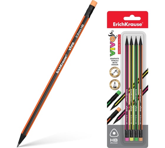 Изображение товара Набор ErichKrause из 4 графитных карандашей VIVO®, трехгранных, с ластиком, ТМ 45624