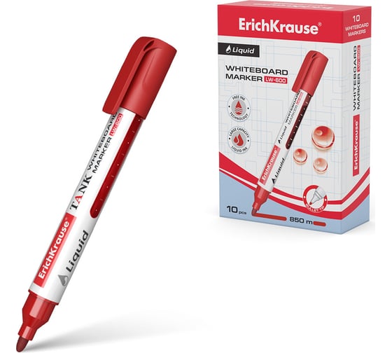 Изображение товара Маркер для досок с жидкими чернилами ErichKrause Liquid LW-600, цвет чернил красный, 10 шт. 48776