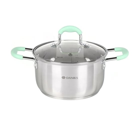 Изображение товара Кастрюля DANIKS нержавеющая сталь, 2.5 л, с крышкой, крышка стекло, силикон ручка, круглая, гринери, sd-23-18, индукция 451815