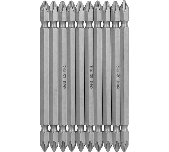 Изображение товара Набор двухсторонних бит 10 шт DL6903 PH2x110 мм, сталь S2 с твердостью 58-60HRC, пласт. кейс DELI 130272