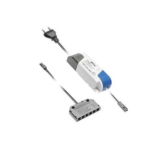 Изображение товара Блок питания для светодиодов GTV 220/12V 16W, IP20, 6хMINI АМР, с проводами и дистрибьютором LD-ZZAS16PROKD6