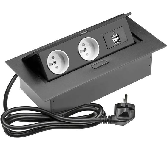 Изображение товара Прямоугольный врезной блок розеток GTV 2 розетки French, 2xUSB, черный, с проводом 1,5 метра AE-PBU2GU-20