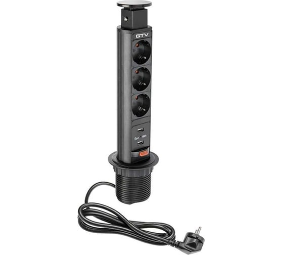 Изображение товара Выдвижной блок розеток GTV 3 розетки Schuko, 2xUSB, черный, с проводом 1,5 метра AE-BPW3S60U-20