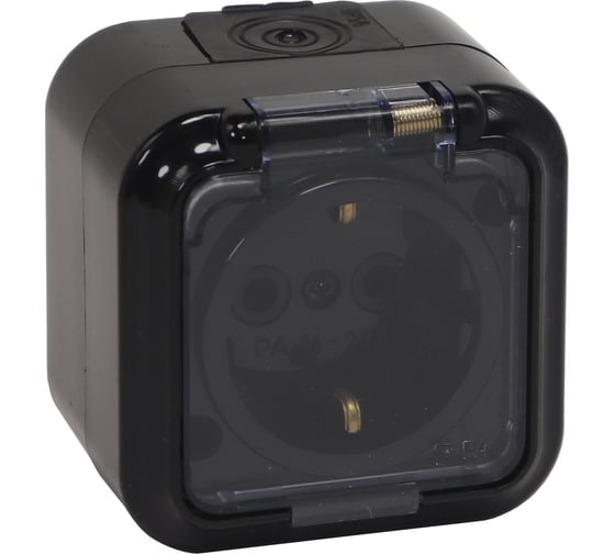 Изображение товара 1-местная розетка Bylectrica открытой установки, с землей, IP54, серия ПРАЛЕСКА АКВА, РА16-297 черный