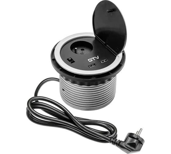 Изображение товара Круглая врезная розетка GTV CHARGER French 2xUSB 5V 2A, с проводом 1,5 м, серый AE-BPW1U2UCH-80