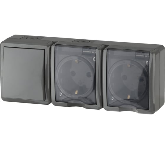 Изображение товара Блок две розетки + выключатель ЭРА 11-7403-03 IP54, 16A 10AX -250В, ОУ, Эксперт, серый Б0027674