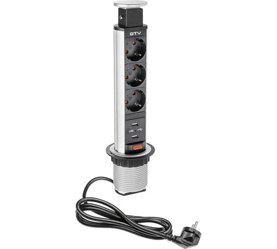 Изображение товара Выдвижной блок розеток GTV 3 розетки, Schuko 2xUSB, серый, с проводом 1,5 метра AE-BPW3S60U-80