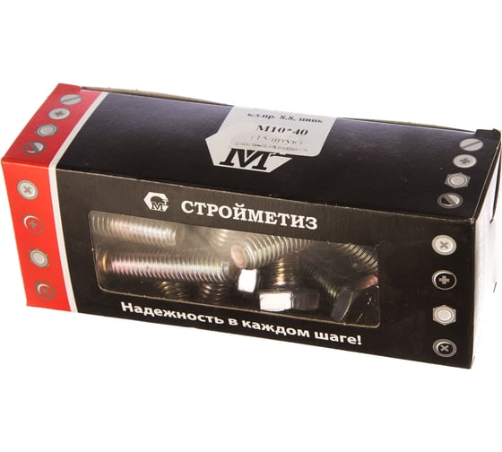 Изображение товара Болт Стройметиз М10х40 DIN 933, класс прочности 8.8, цинк уп. 15 шт. 3022054