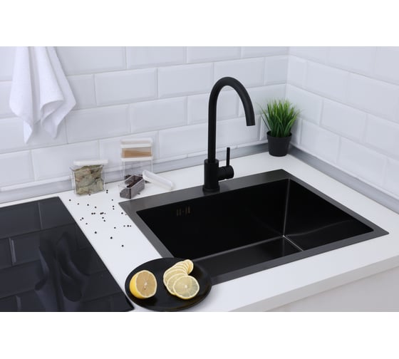 Изображение товара Мойка из нержавеющей стали Alcora Berlin 58х48 см., цвет Nano Black. Cифон в комплекте 3045066NB