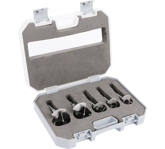 Изображение товара Набор сверл форстнера DH-MKK005-ED1 5 шт, 15/20/25/30/35 мм, ограничитель глубины, пласт. кейс DELI 130300