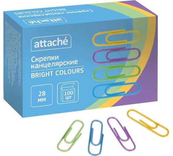 Изображение товара Скрепки Attache bright colours с полимерным покрытием, 28 мм, разноцветные, 100 штук в упаковке 1384140