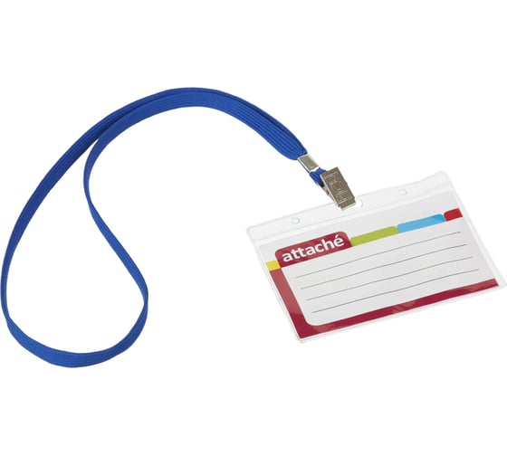 Изображение товара Бейдж Attache 120x87 мм 113x70 мм горизонтальный, металлический зажим, тесьма синяя 10 шт в упаковке 1690945