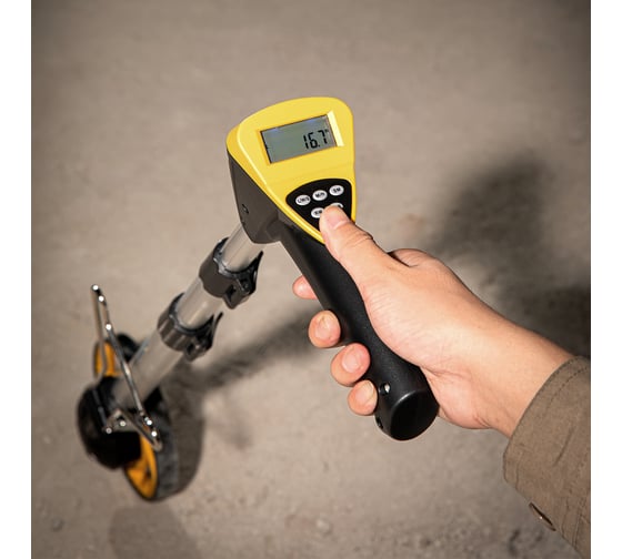 Изображение товара Измерительное дорожное колесо с цифровым дисплеем (курвиметр) DELI dl9713 диаметр 150 мм, трехступенчатая алюминиевая масштабируемая ручка, точность ±0.5, значение деления 0.1 мм 104502