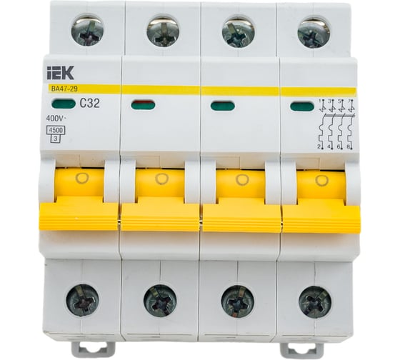 Изображение товара Автоматический модульный выключатель IEK 4п C 32А ВА 47-29 4.5кА ИЭК MVA20-4-032-C