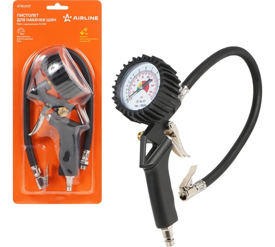 Изображение товара Пистолет для накачки шин Airline ПШ6 с манометром, 12 Атм ATBU037