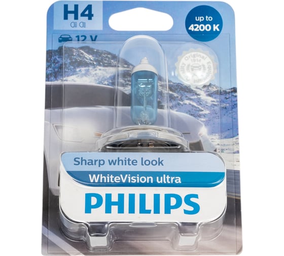 Изображение товара Автолампа PHILIPS H4 60/55 P43t-38 WhiteVision ultra 4200K блистер 12V 12342WVUB1