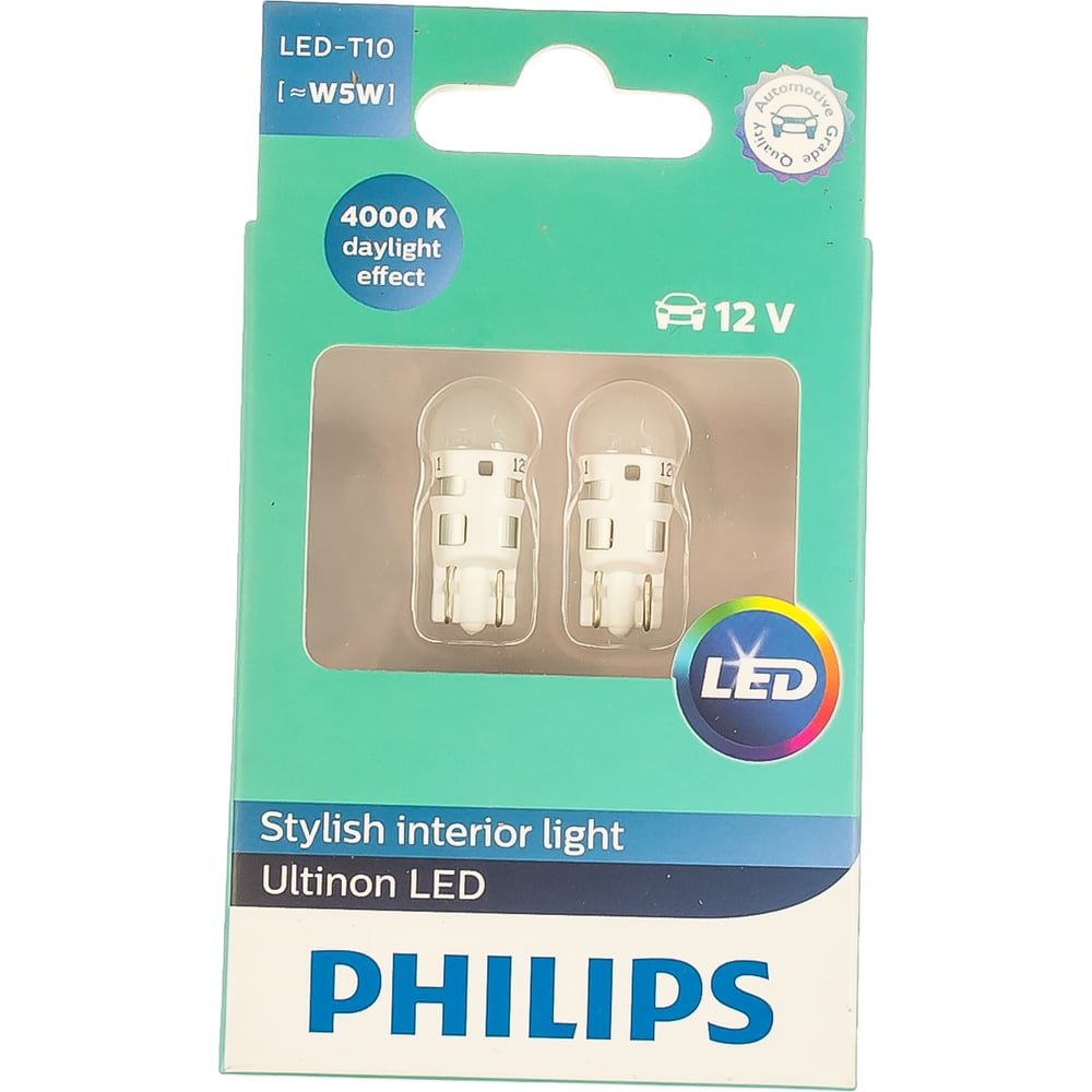 фото Автолампа philips t10w w2.1х9.5d led cool white 4000k блистер, 2шт 11961ulw4x2