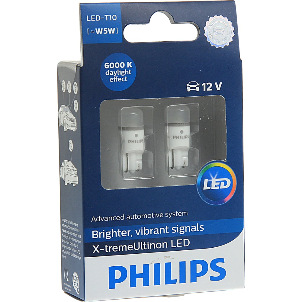 фото Автолампа philips t10w w2.1x9.5d x-tremevision led 6000k блистер, 2шт 12v 127996000kx2