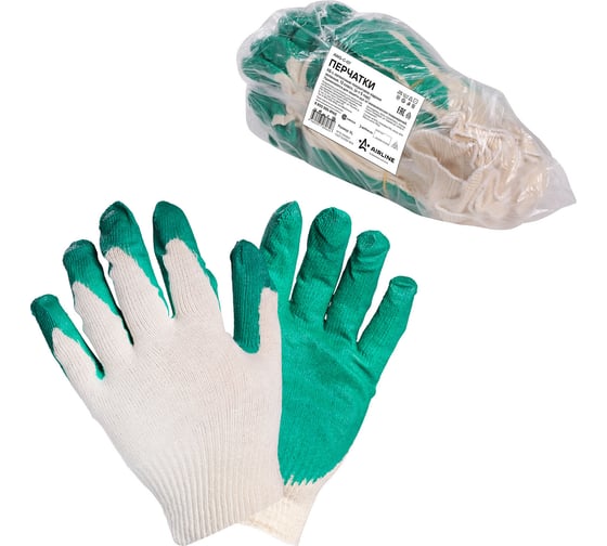 Изображение товара Хлопковые перчатки с латексным покрытием ладони Airline зеленые, 5 пар AWG-C-07