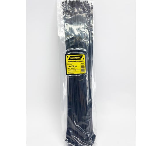 Изображение товара Нейлоновый хомут ЭЛЕКТРОБС 3.6x370 мм, стандартный, цвет черный 21008