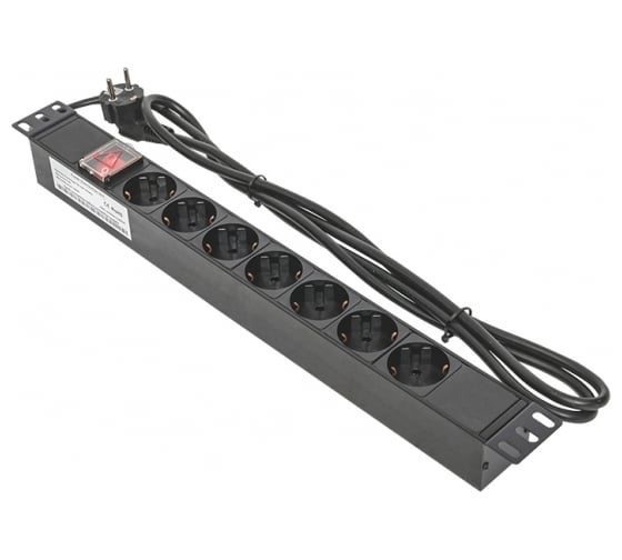 Изображение товара Блок розеток EKF PDU TERACOM 19", 1U, 16А/250В, 7 розеток Schuko, с выключателем, шнур питания длиной 2 метра сечение 3x1,5 мм2 вилка Schuko, корпус пластик, черный TRC-HPD-LS-16A-7SH-2MSH