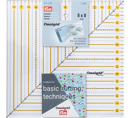 Изображение товара Линейка для пэчворка PRYM Omnigrid 20 см х 20 см, шкала в дюймах 611657 518697
