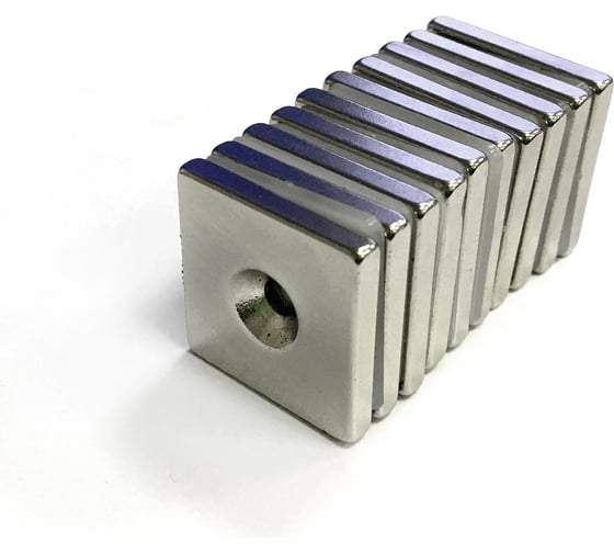 Изображение товара Неодимовый магнит Проф-Магнит пластина с зенковкой 7.5/3.5 мм, 10 шт NdFeB 20x20x3хd7.5/3.5_10