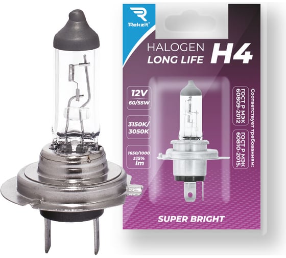 Изображение товара Галогенная лампа Rekzit H4 12 V60/55W P43T longlife 1шт. в блистере 90043
