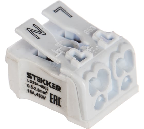 Изображение товара Монтажная пружинная клемма для подключения фазных проводников STEKKER 2 полюса, LD294-4002, 100 шт 32733