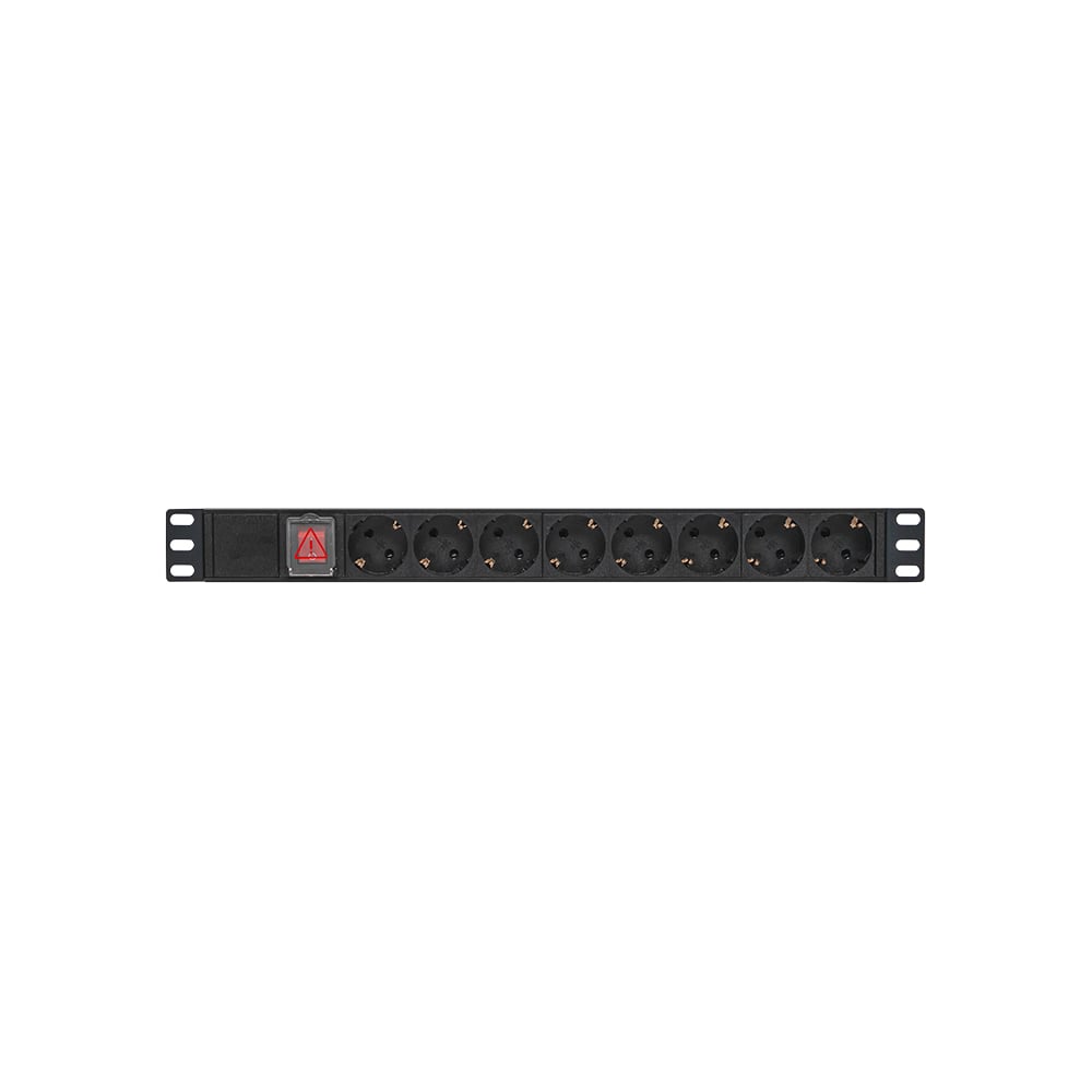 Изображение товара Блок розеток EKF PDU TERACOM PRO 19", 1U, 10А/250В, 8 розеток Schuko, с выключателем, без шнура питания входной разъем C14, корпус алюминий, черный TRP-HPD-LS-10A-8SH-C14
