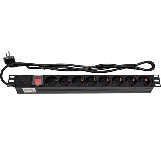 Изображение товара Блок розеток EKF PDU TERACOM PRO 19" 1U 16А/250В 8 розеток Schuko с выключателем, шнур питания длиной 2 метра, сечение 3x1.5 мм2, вилка Schuko, корпус пластик, черный TRP-HPD-LSP-16A-8SH-2MSH