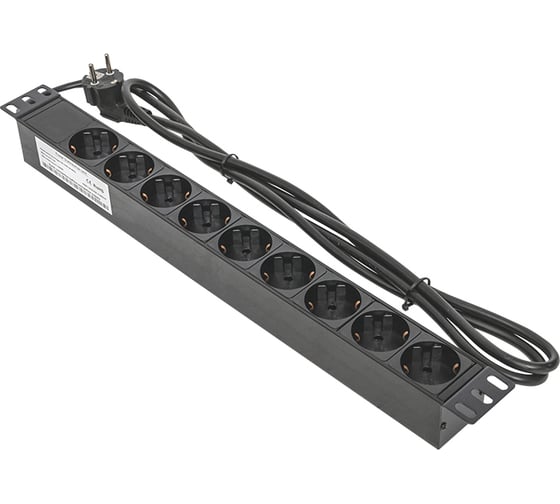 Изображение товара Блок розеток EKF PDU TERACOM PRO 19" 1U 16А/250В 9 розеток Schuko, шнур питания длиной 2 метра, сечение 3x1.5 мм2, вилка Schuko, корпус алюминий, черный TRP-HPD-16A-9SH-2MSH