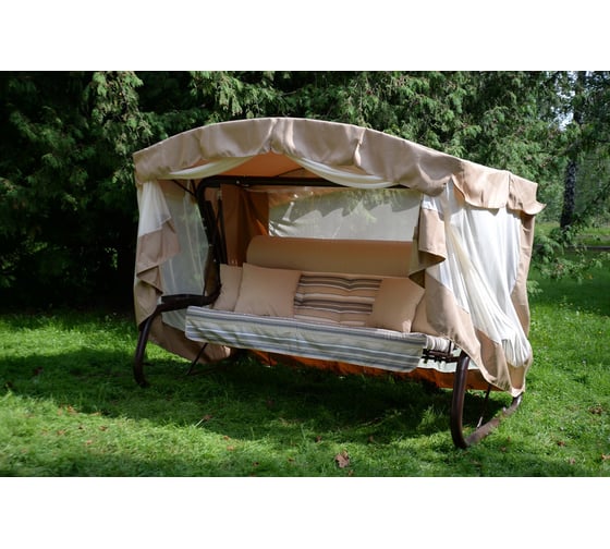 Изображение товара Садовые качели OLSA 4-х местные Александрия каркас коричневый, бежевый, серый рисунок полоска 2 упаковки с1497