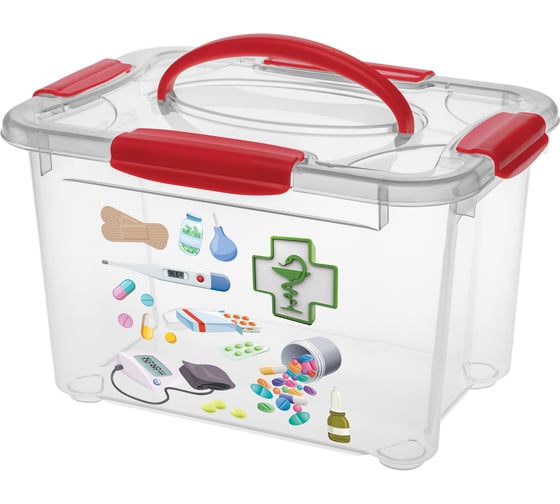 Изображение товара Универсальная коробка с ручкой и декором Econova аптечка с таблетками, 283x200x170мм, 5,5л, бесцветный 43320240153