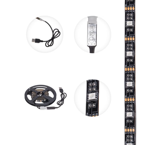 Изображение товара Светодиодная лента Lamper 5в, smd5050, 7,2вт/м, 30 led/м, rgb, 10мм, 3м, с usb коннектором, черная, ip20 141-2009