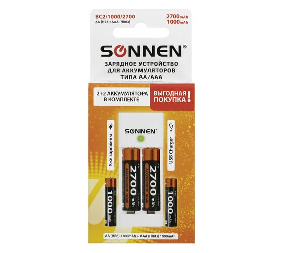 Изображение товара Зарядное устройство SONNEN с аккумуляторами 4 шт. (2+2) aa+aaa (hr6+hr03), 2700 mah + 1000 mah, bc2, 455005